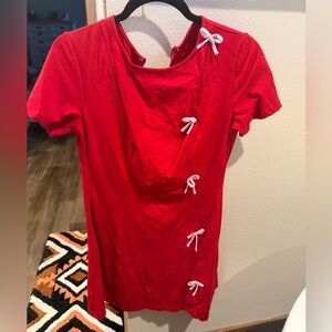 Red Short-Sleeve Women's Dress with Decorative Bows